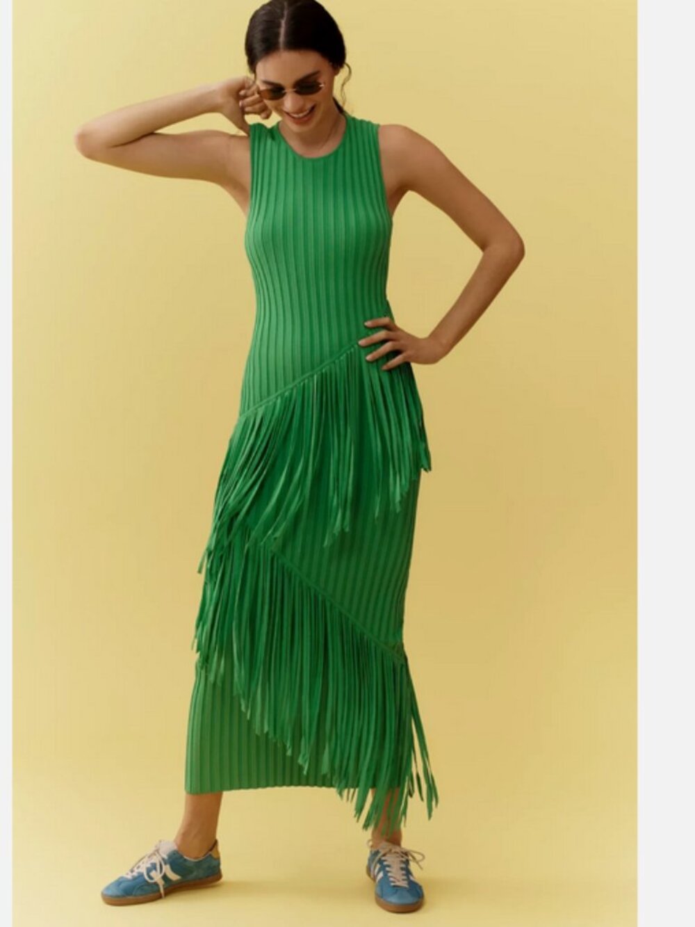 SIMON MILLER Spiral Knit Fringe Bodycon Maxi Dress Green XL NWT Anthropologie